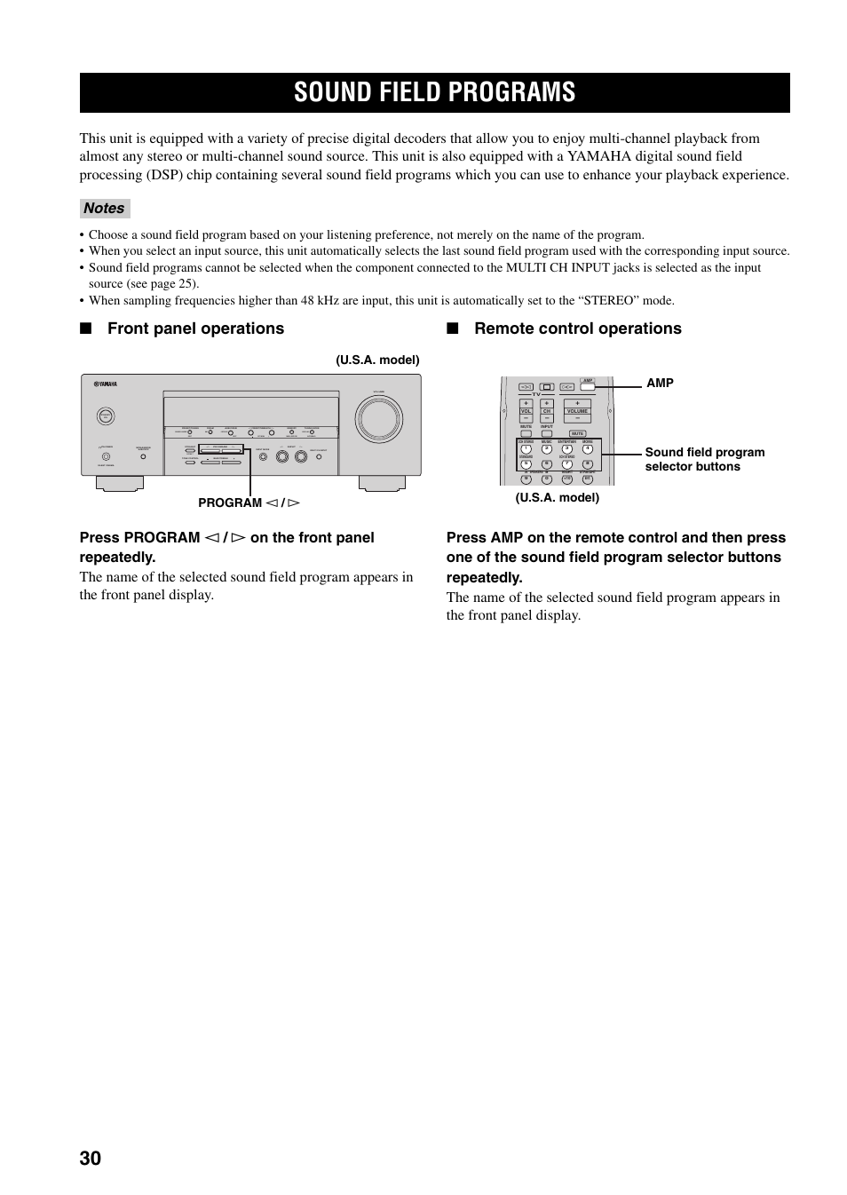 Sound field programs, Front panel operations, Remote control operations | Next auto/man'l man'l/auto fm, Effect, Edit, Set menu search mode xm category display, U.s.a. model) program l / h | Yamaha RX-V359 User Manual | Page 34 / 74