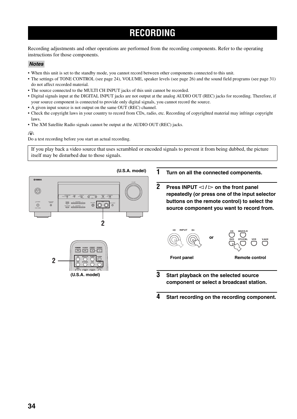 Recording, Turn on all the connected components, Start recording on the recording component | Next auto/man'l man'l/auto fm, Effect, Edit, Set menu search mode xm category display, U.s.a. model), Or front panel remote control | Yamaha RX-V359 User Manual | Page 38 / 74