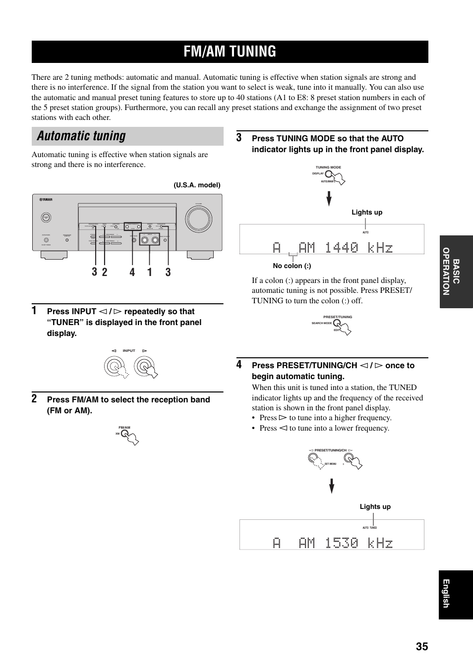 Fm/am tuning, Automatic tuning, Aam 1440 khz | Aam 1530 khz | Yamaha RX-V359 User Manual | Page 39 / 74