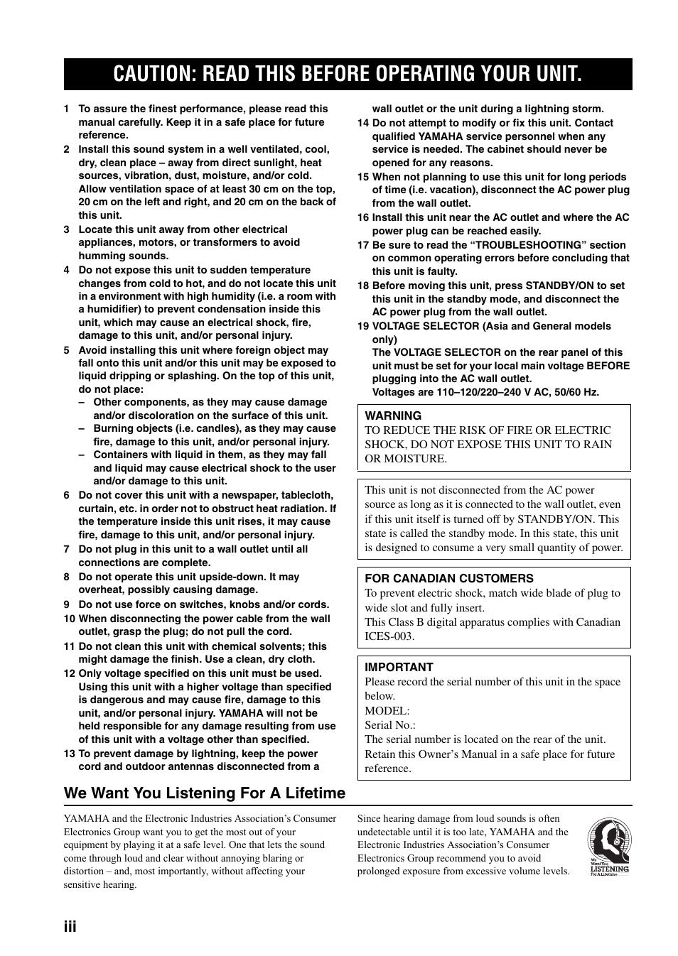 Caution: read this before operating your unit, We want you listening for a lifetime | Yamaha RX-V359 User Manual | Page 4 / 74