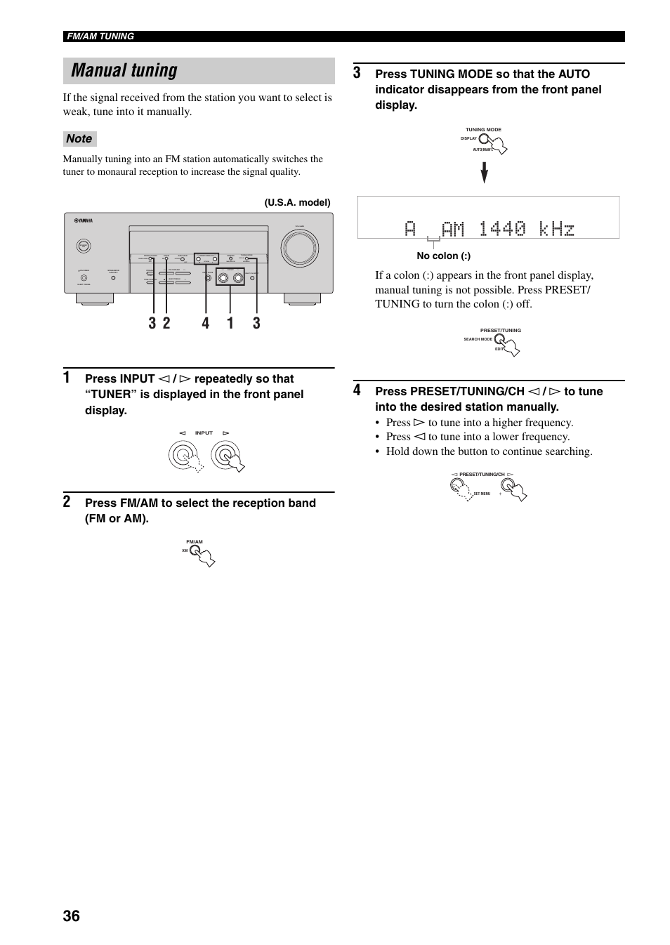 Manual tuning, Aam 1440 khz | Yamaha RX-V359 User Manual | Page 40 / 74
