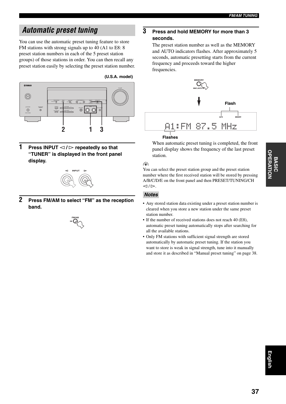 Automatic preset tuning, A1:fm 87.5 mhz, Press fm/am to select “fm” as the reception band | Yamaha RX-V359 User Manual | Page 41 / 74