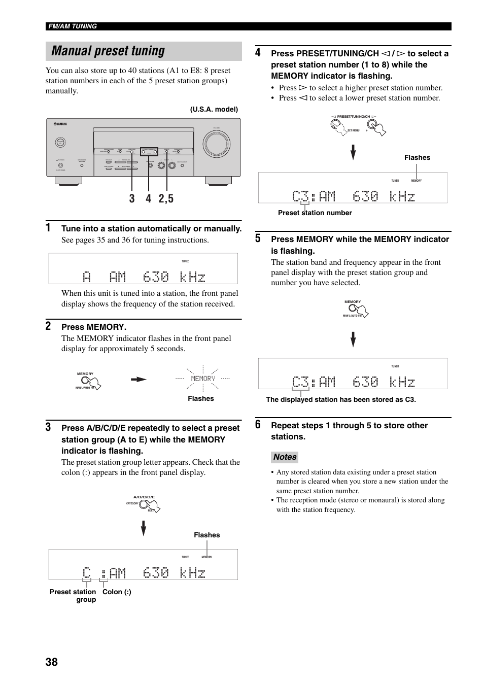 Manual preset tuning, Aam 630 khz, C am 630 khz | C3 am 630 khz, Repeat steps 1 through 5 to store other stations | Yamaha RX-V359 User Manual | Page 42 / 74