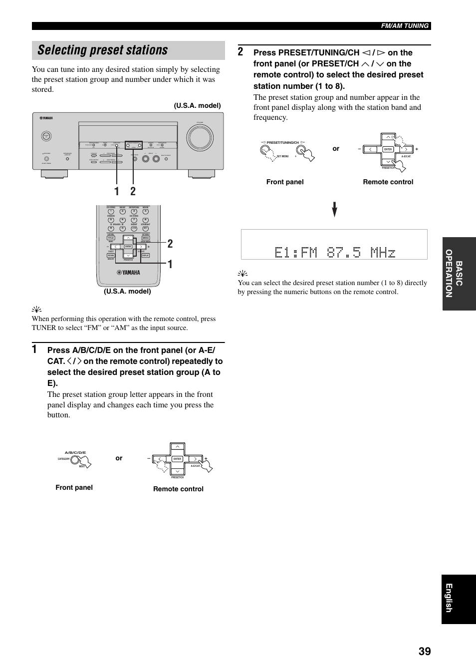 Selecting preset stations, E1 fm 87.5 mhz, Next auto/man'l man'l/auto fm | Effect, Edit, Set menu search mode xm category display, U.s.a. model), Or front panel remote control | Yamaha RX-V359 User Manual | Page 43 / 74