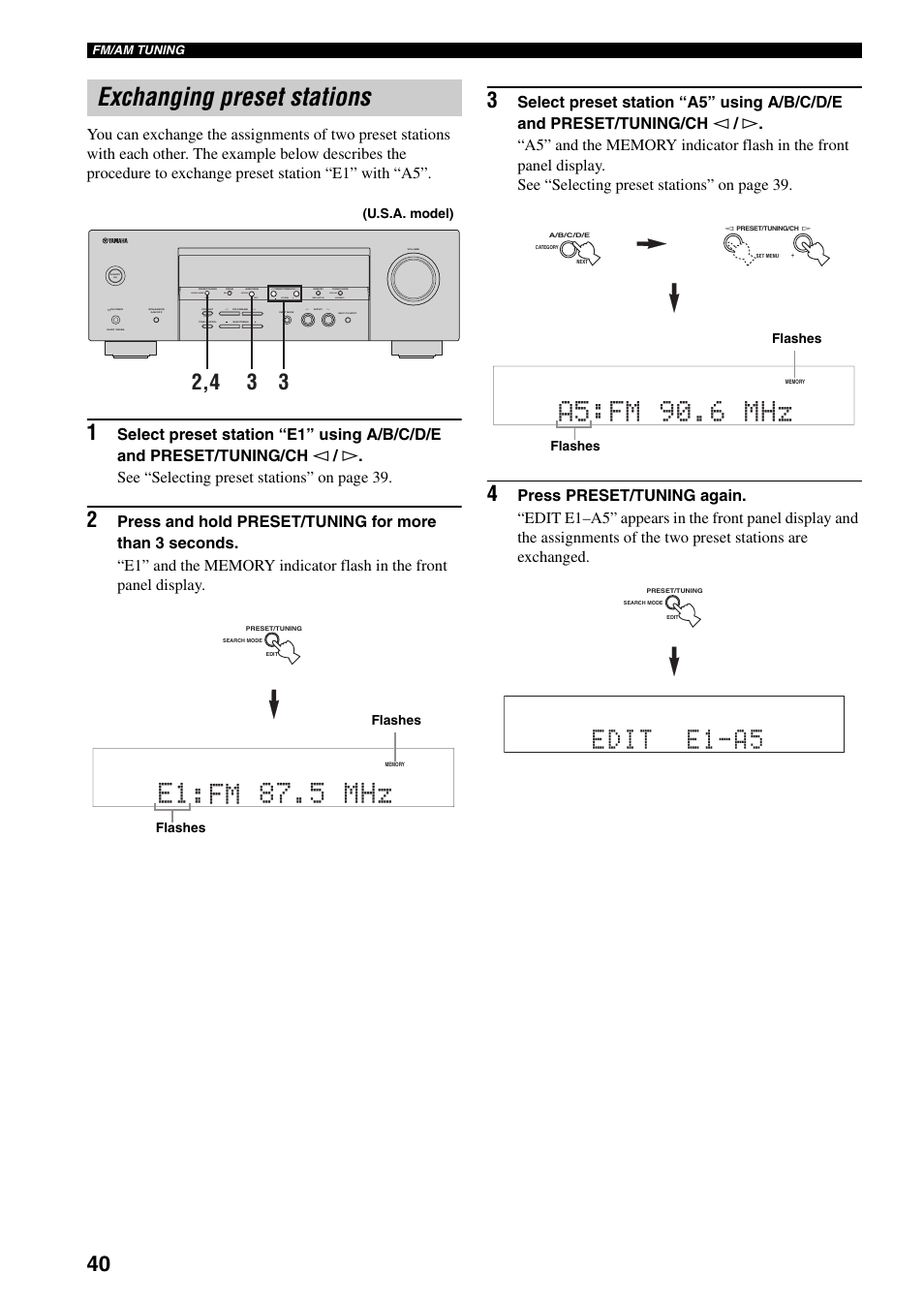 Exchanging preset stations, E1 fm 87.5 mhz, A5 fm 90.6 mhz | Edit e1-a5 | Yamaha RX-V359 User Manual | Page 44 / 74