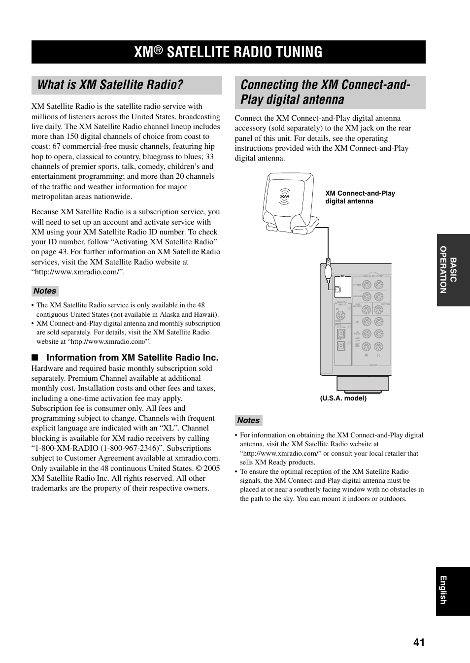Xm® satellite radio tuning, What is xm satellite radio, Digital antenna | Satellite radio tuning, Information from xm satellite radio inc | Yamaha RX-V359 User Manual | Page 45 / 74