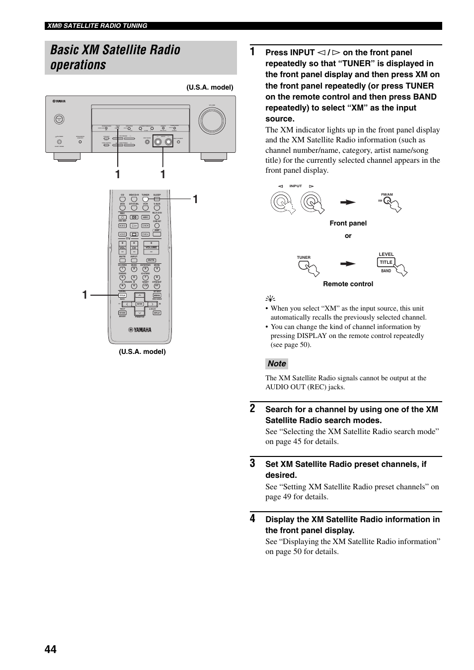 Basic xm satellite radio operations, Next auto/man'l man'l/auto fm, Effect | Edit, Set menu search mode xm category display, U.s.a. model), Or remote control front panel, Xm® satellite radio tuning | Yamaha RX-V359 User Manual | Page 48 / 74