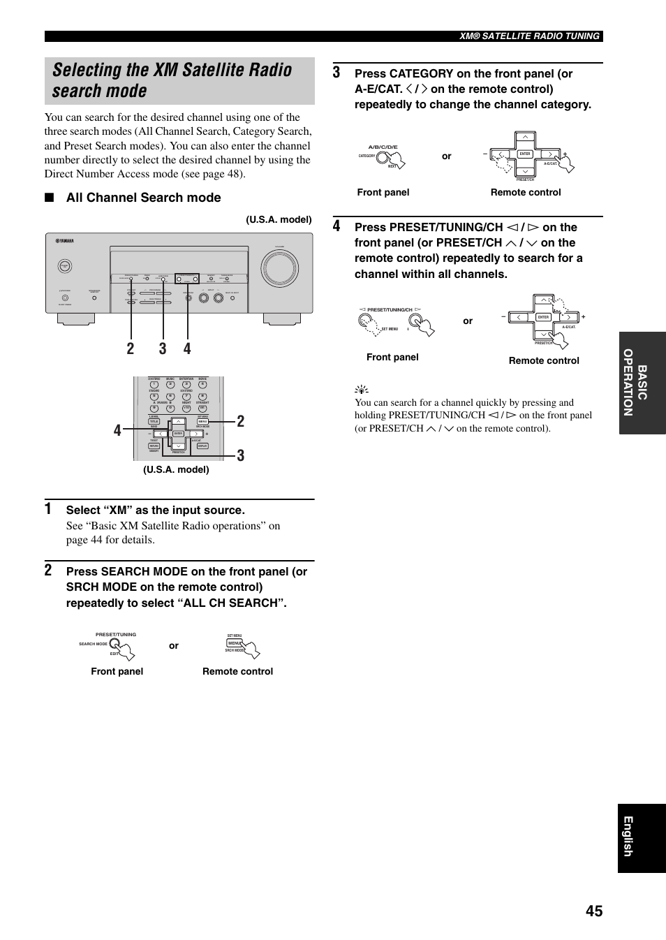 Selecting the xm satellite radio search mode, All channel search mode, Next auto/man'l man'l/auto fm | Effect, Edit, Set menu search mode xm category display, U.s.a. model), Or front panel remote control, Front panel remote control or, Remote control front panel or | Yamaha RX-V359 User Manual | Page 49 / 74