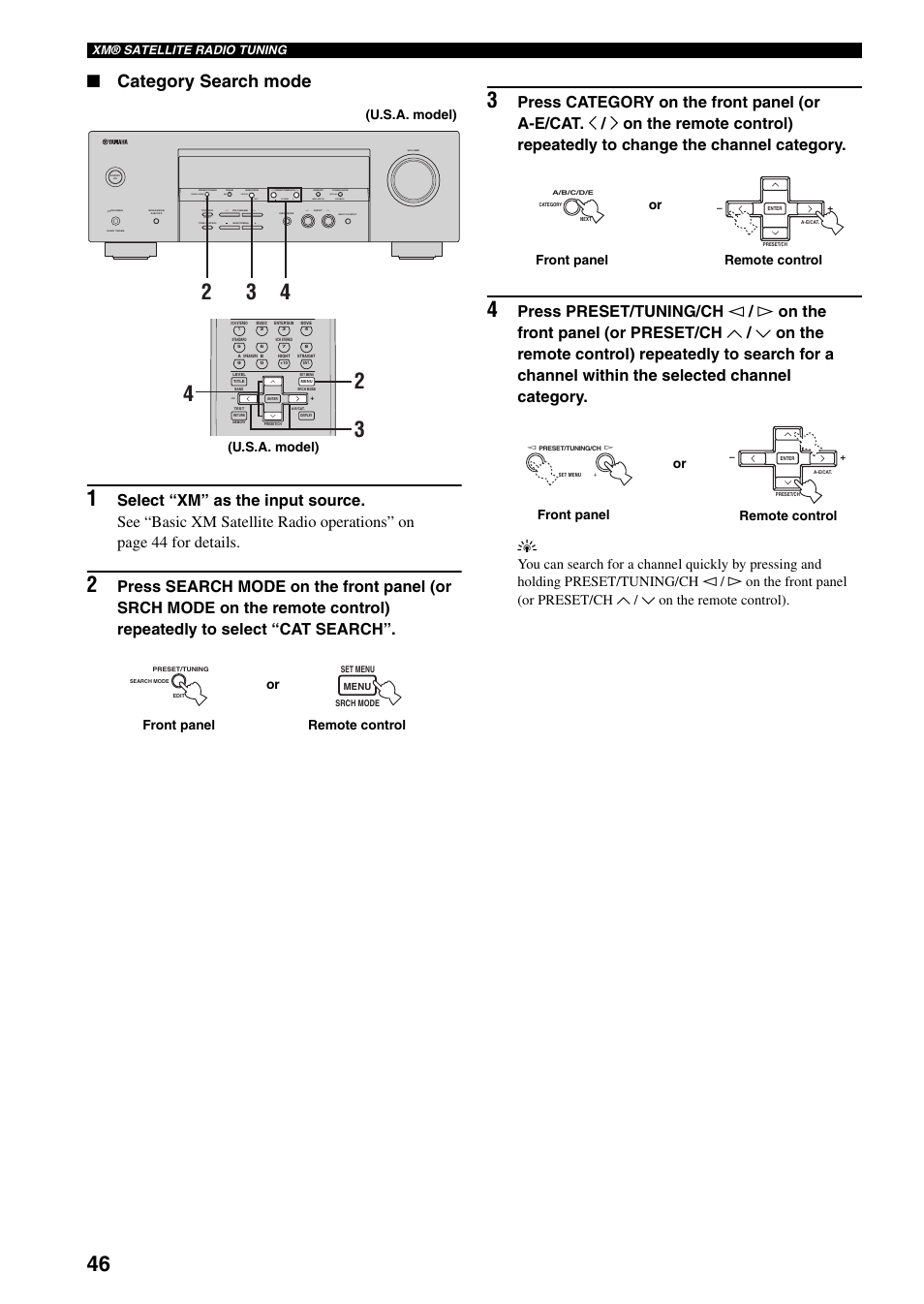 Category search mode, Next auto/man'l man'l/auto fm, Effect | Edit, Set menu search mode xm category display, U.s.a. model), Or front panel remote control, Front panel remote control or, Remote control front panel or | Yamaha RX-V359 User Manual | Page 50 / 74