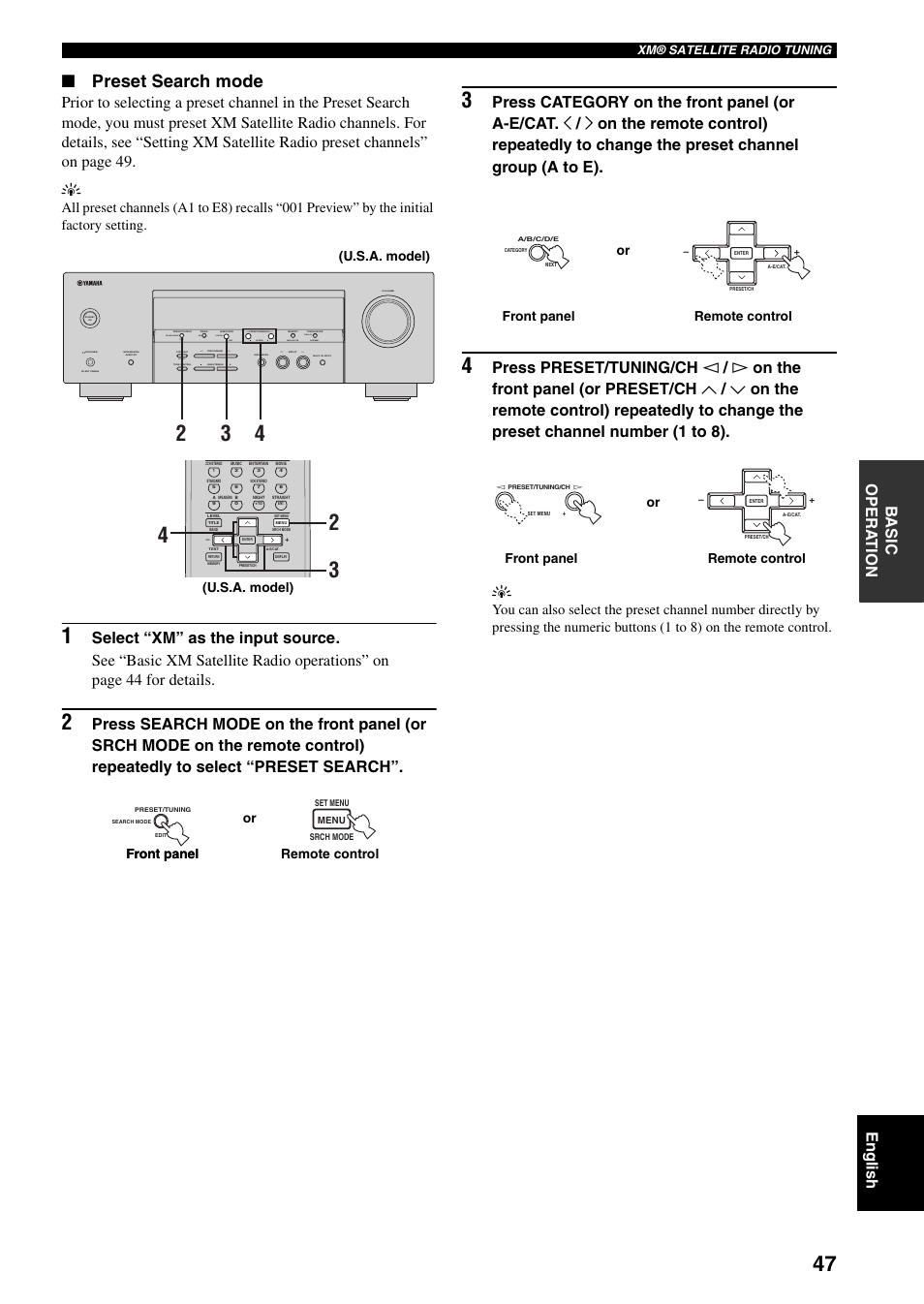Preset search mode, Next auto/man'l man'l/auto fm, Effect | Edit, Set menu search mode xm category display, U.s.a. model), Or front panel remote control front panel, Front panel remote control or, Remote control front panel or | Yamaha RX-V359 User Manual | Page 51 / 74