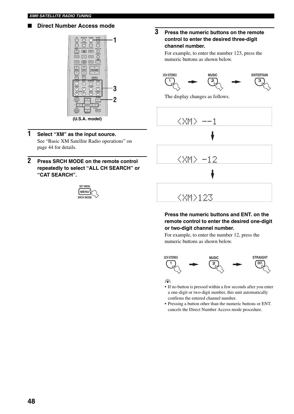 Direct number access mode, U.s.a. model) | Yamaha RX-V359 User Manual | Page 52 / 74