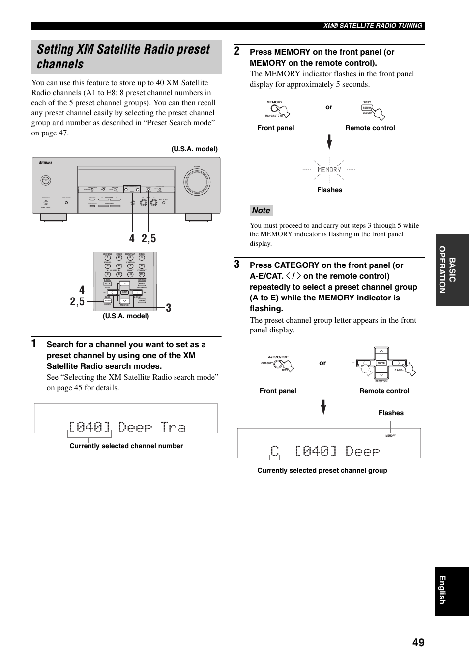 Setting xm satellite radio preset channels, 040] deep tra, C [040] deep | Next auto/man'l man'l/auto fm, Effect, Edit, Set menu search mode xm category display, U.s.a. model), Currently selected channel number, Flashes or front panel remote control | Yamaha RX-V359 User Manual | Page 53 / 74