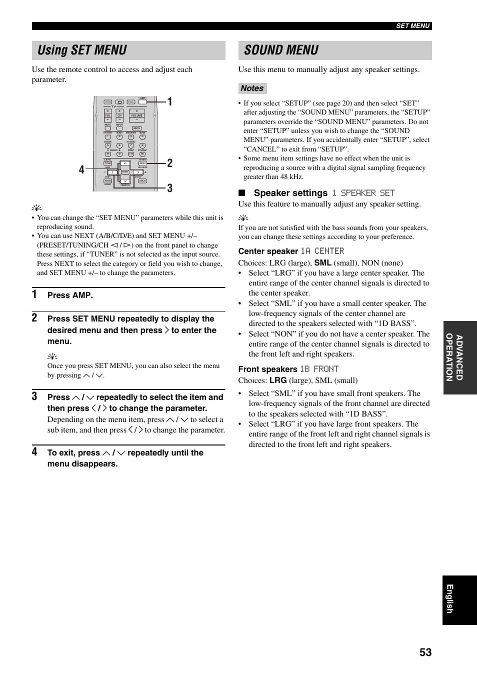 Using set menu, Sound menu, Using set menu sound menu | Speaker settings, Press amp | Yamaha RX-V359 User Manual | Page 57 / 74