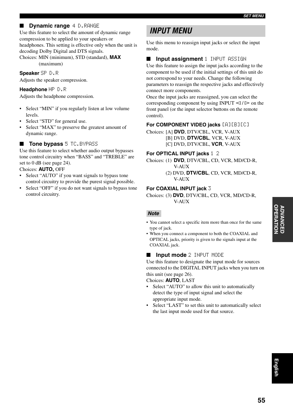 Input menu | Yamaha RX-V359 User Manual | Page 59 / 74
