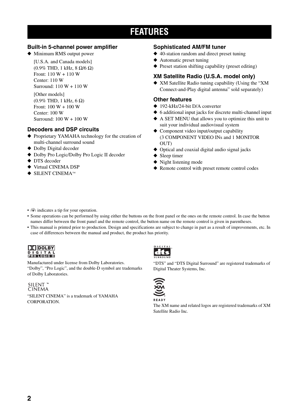 Features | Yamaha RX-V359 User Manual | Page 6 / 74