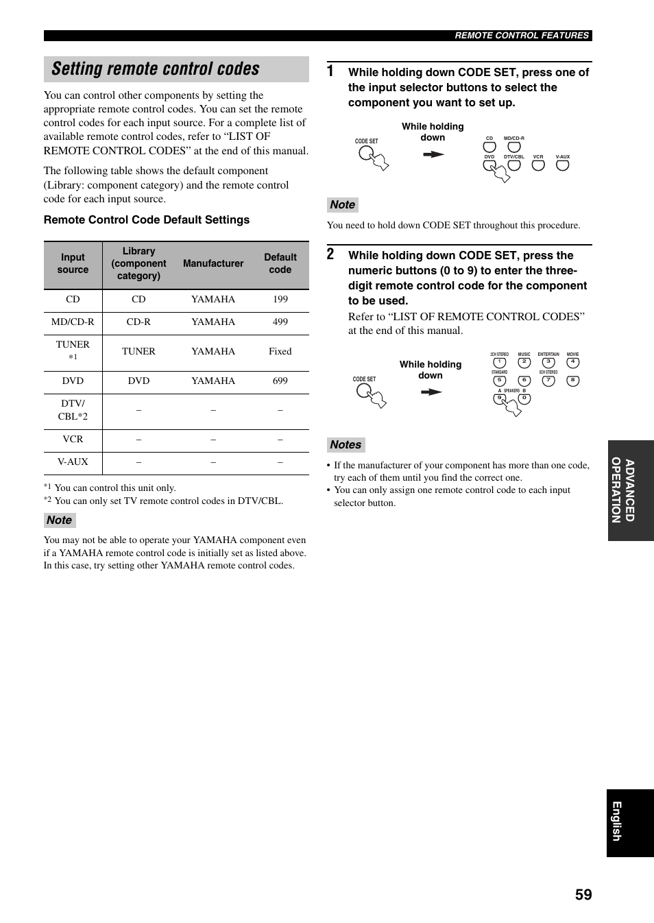 Setting remote control codes | Yamaha RX-V359 User Manual | Page 63 / 74