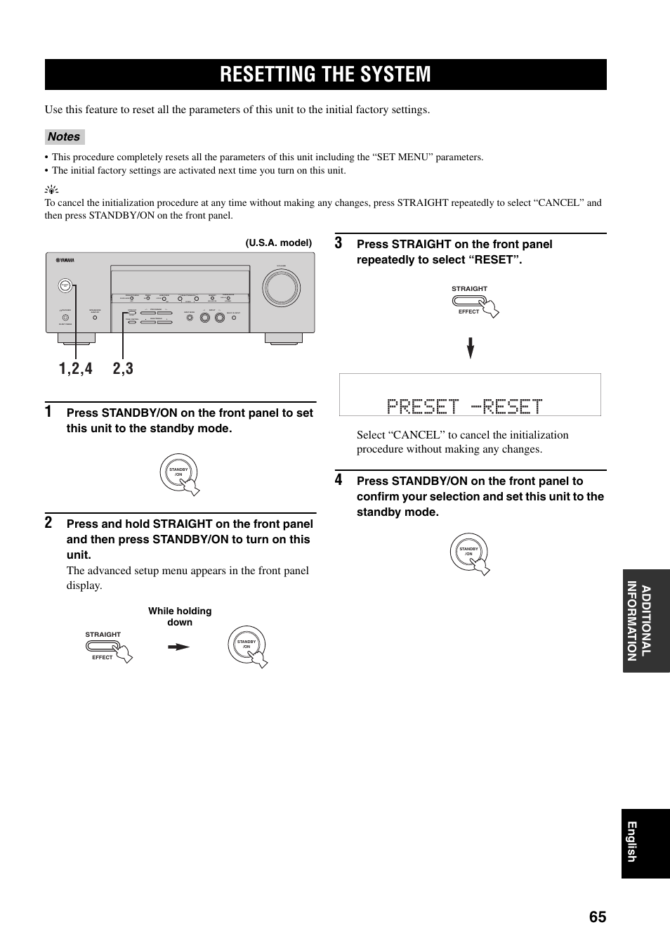 Resetting the system, Preset -reset, Next auto/man'l man'l/auto fm | Effect, Edit, Set menu search mode xm category display | Yamaha RX-V359 User Manual | Page 69 / 74