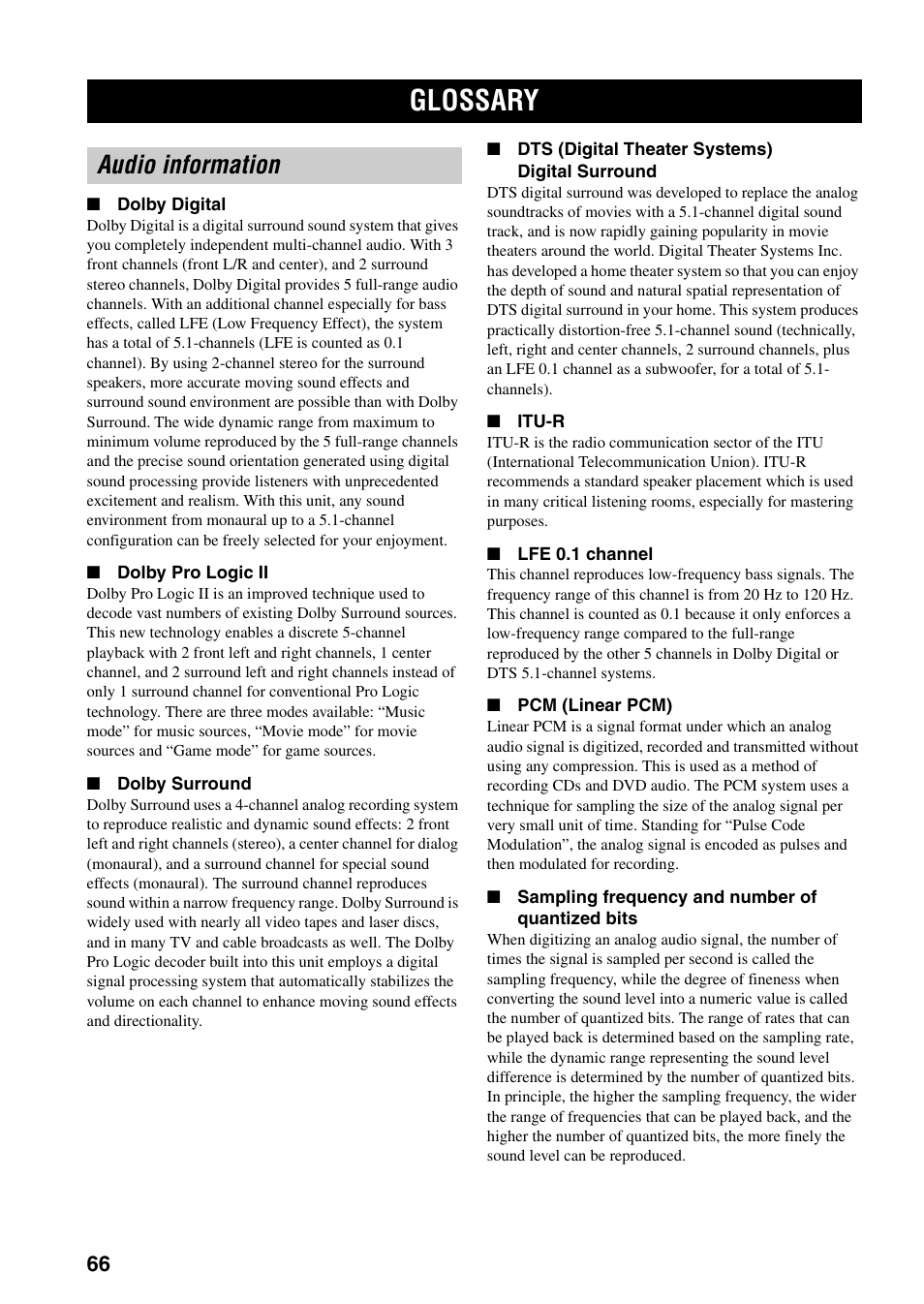 Glossary, Audio information | Yamaha RX-V359 User Manual | Page 70 / 74