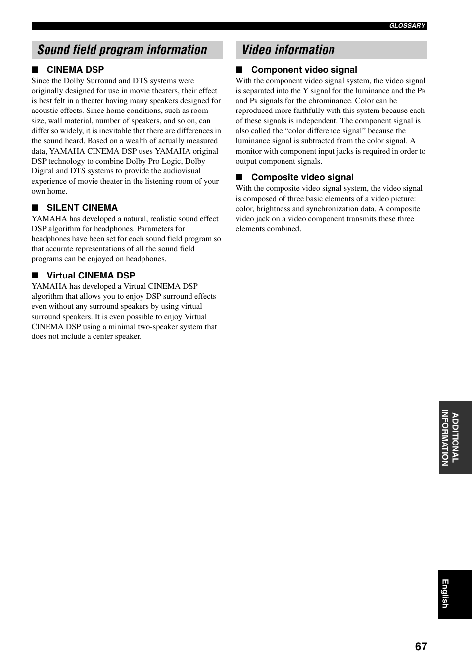 Sound field program information, Video information, Sound field program information video information | Yamaha RX-V359 User Manual | Page 71 / 74