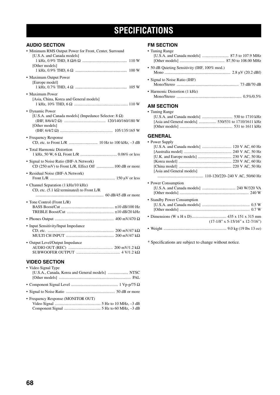 Specifications | Yamaha RX-V359 User Manual | Page 72 / 74