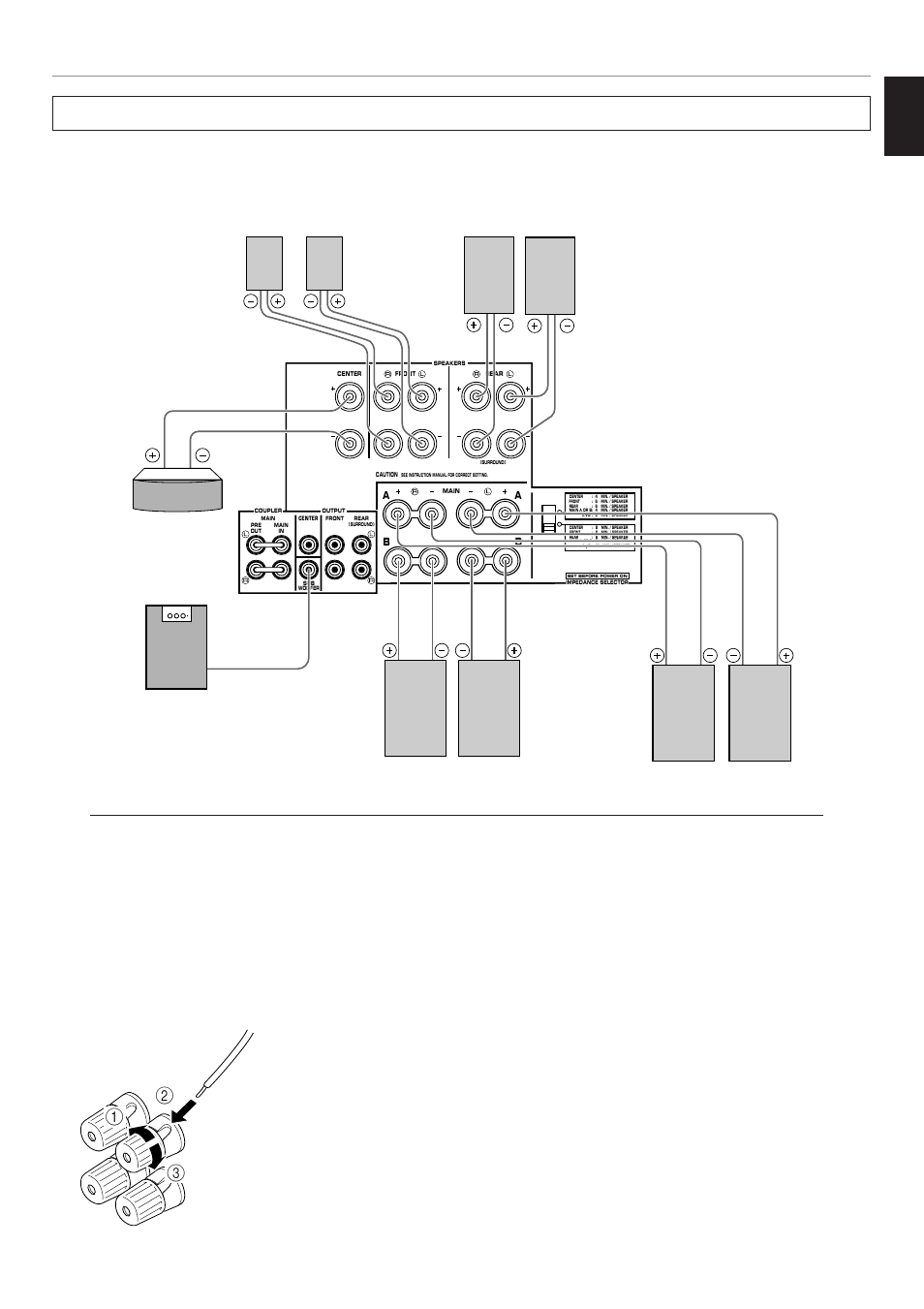 Speakers, English, How to connect | Loosen the knob, Tighten the knob and secure the wire, Main speakers b, Preparation | Yamaha RX V2095RDS User Manual | Page 23 / 90