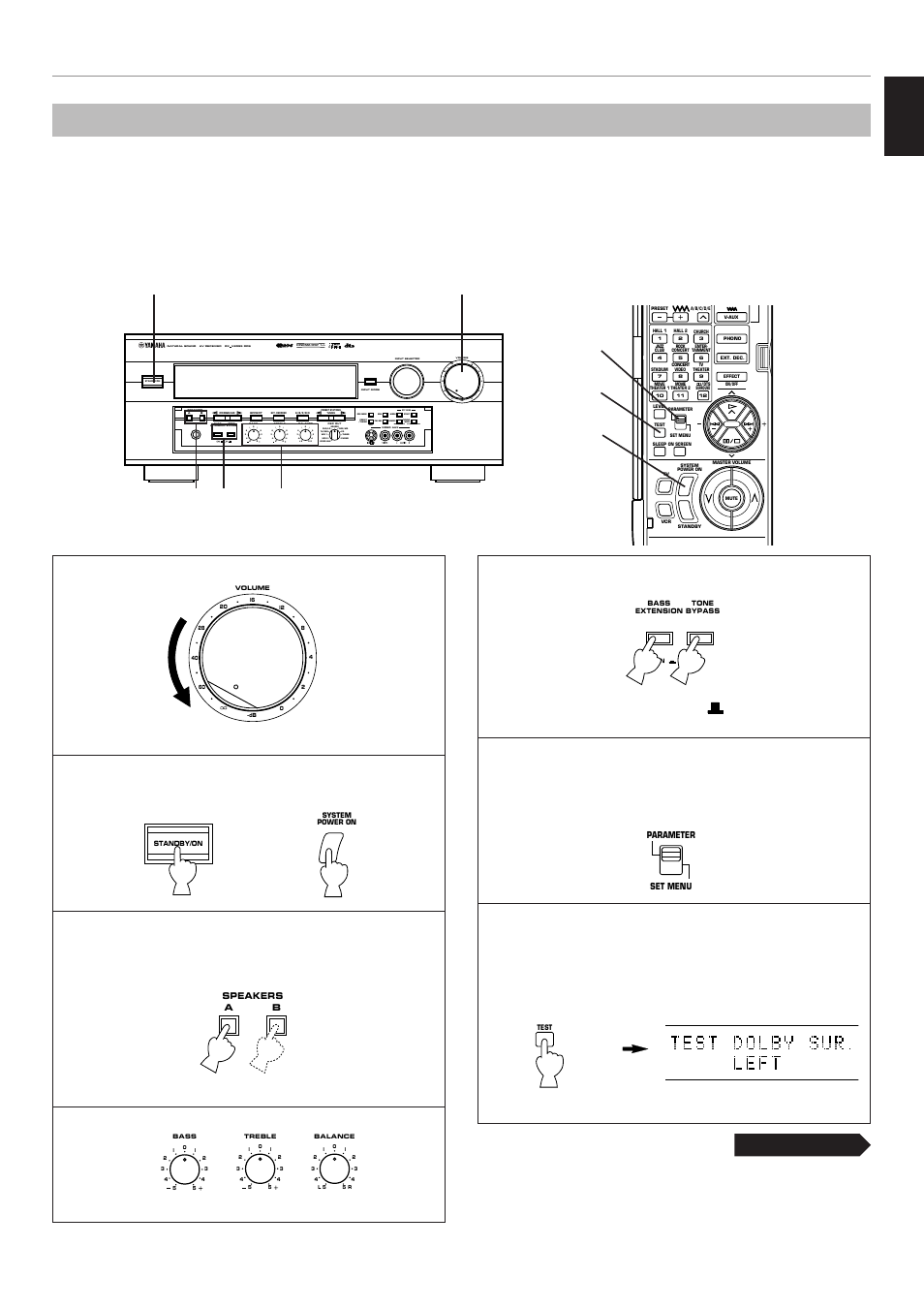 Speaker balance adjustment, English, Continued | Vcr 1 tv/dbs phono tuner cd dvd/ld source tape/md, Set to the, Position, Turn on the power, Set to the “0” position, Set to the “off ( ), Front panel | Yamaha RX V2095RDS User Manual | Page 33 / 90