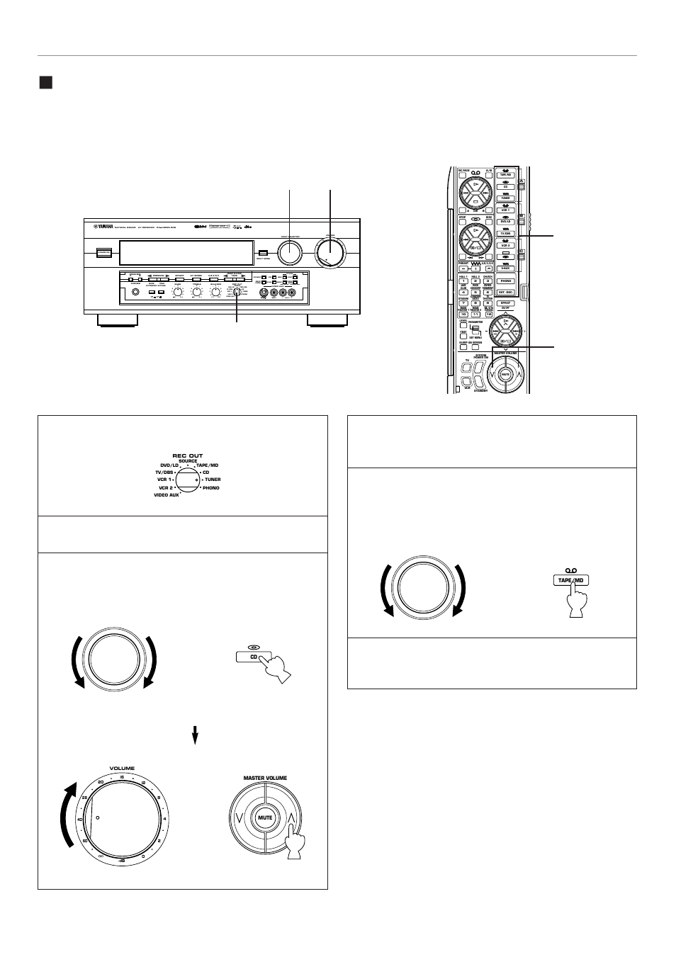 Vcr 1 tv/dbs phono tuner cd dvd/ld source tape/md, Select the source you want to record, Play the source | Front panel or or remote control, Basic operation | Yamaha RX V2095RDS User Manual | Page 42 / 90