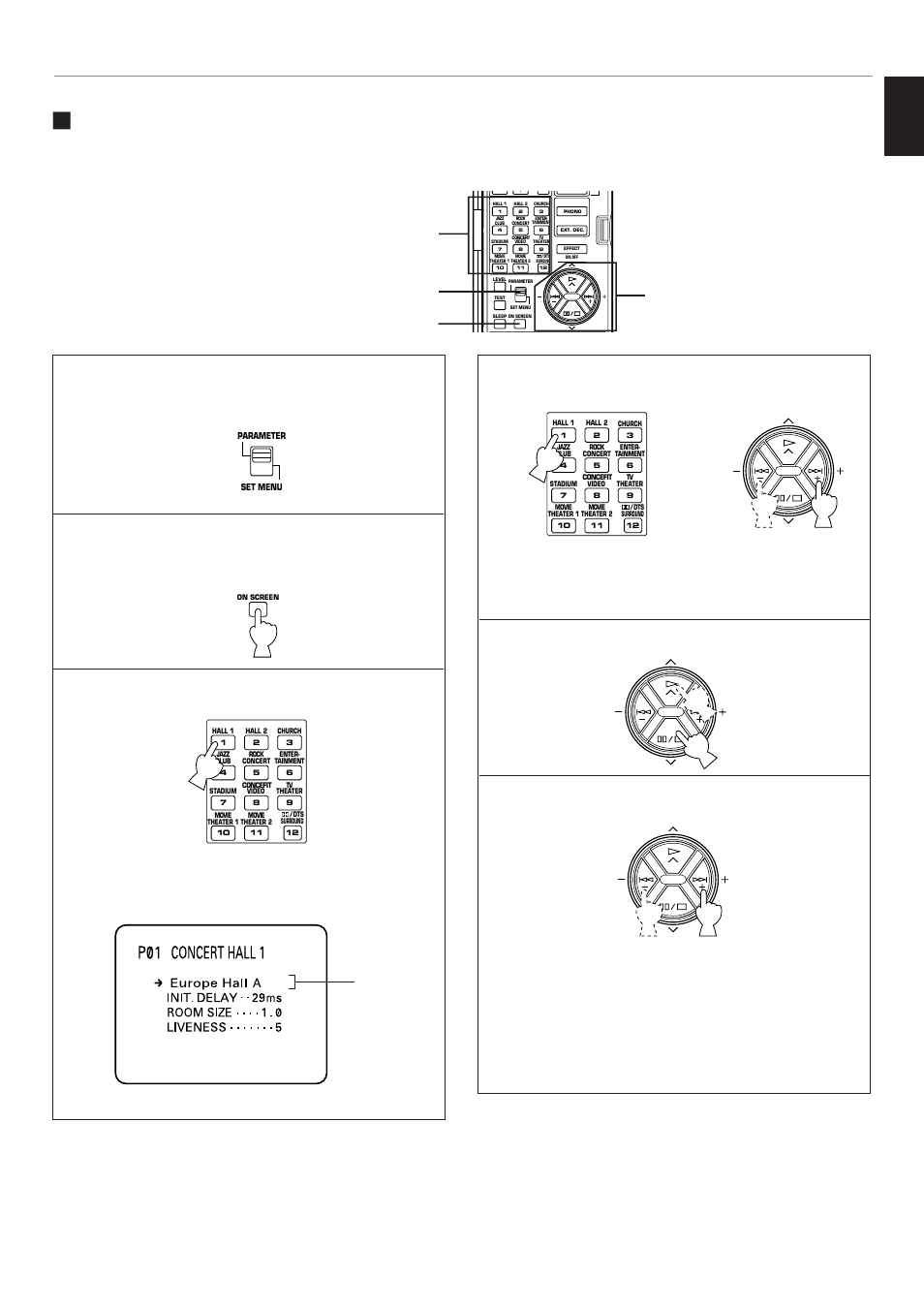 Selecting and editing program parameters, English, Select the parameter which you want to edit | Or subprogram, Advanced features | Yamaha RX V2095RDS User Manual | Page 69 / 90