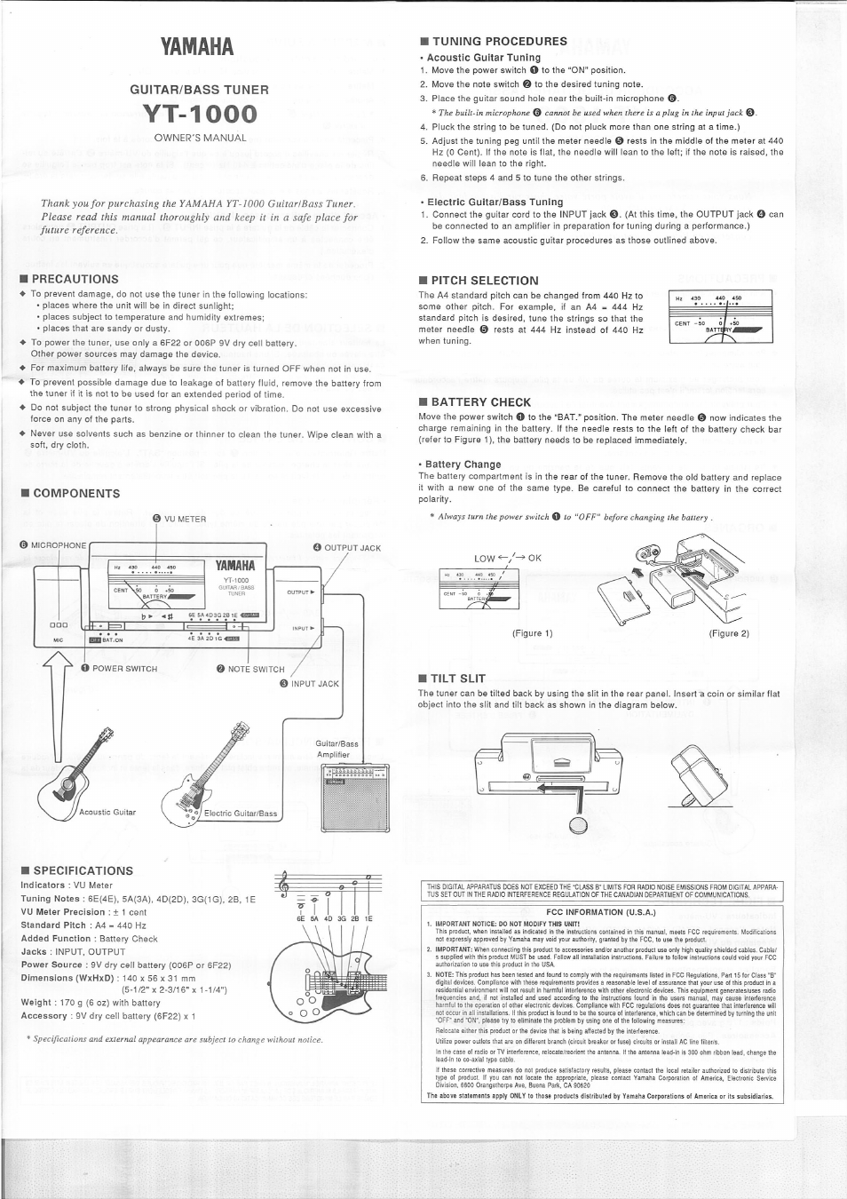 Yamaha, Yt-1000, Guitar/bass tuner | Yamaha YT-1000 User Manual | Page 2 / 4
