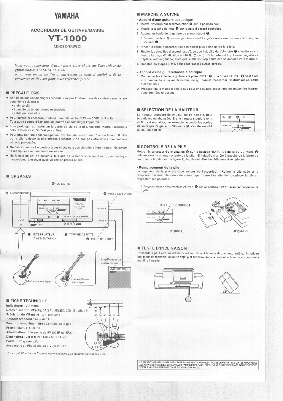 Precautions, Organes, Fiche technique | Selection de la hauteur, Controle de la pile, Fente d'inclinaison, Yamaha, Yt-1000 | Yamaha YT-1000 User Manual | Page 3 / 4