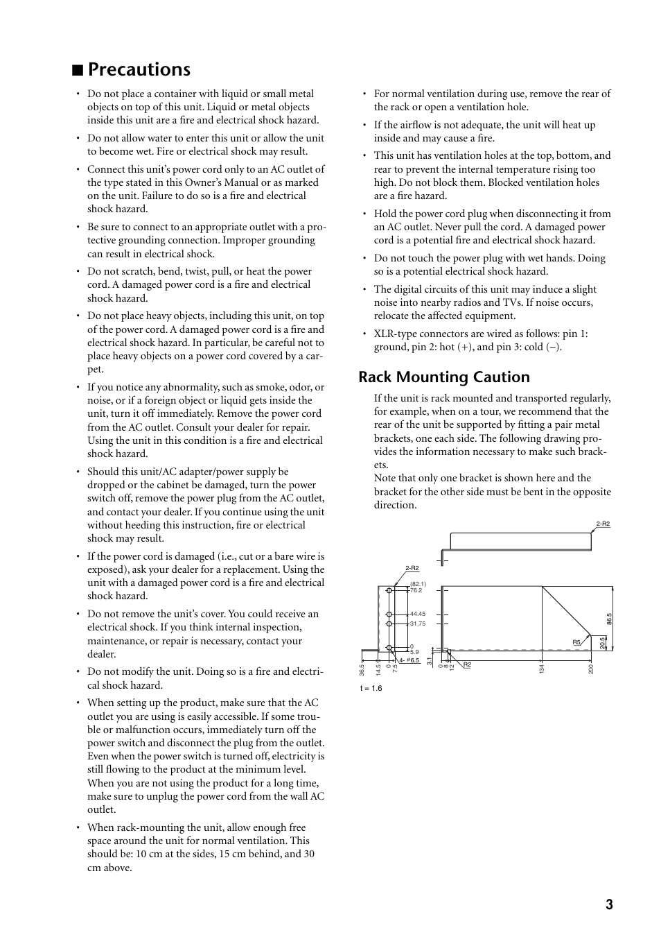 Precautions, Rack mounting caution | Yamaha AD8 User Manual | Page 3 / 8