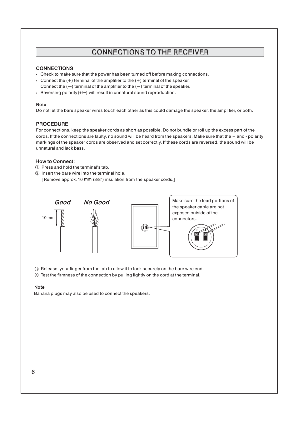Connections to the receiver, Good no good | Yamaha NS-AP2800 User Manual | Page 6 / 8