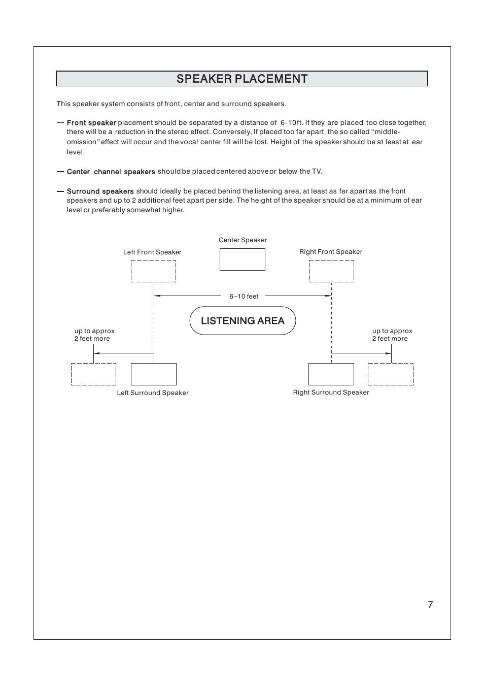 Speaker placement, Listening area | Yamaha NS-AP2800 User Manual | Page 7 / 8