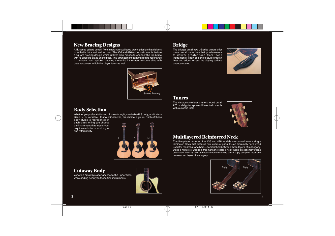 New bracing designs, Body selection, Bridge | Cutaway body, Tuners, Multilayered reinforced neck | Yamaha L Series User Manual | Page 3 / 7