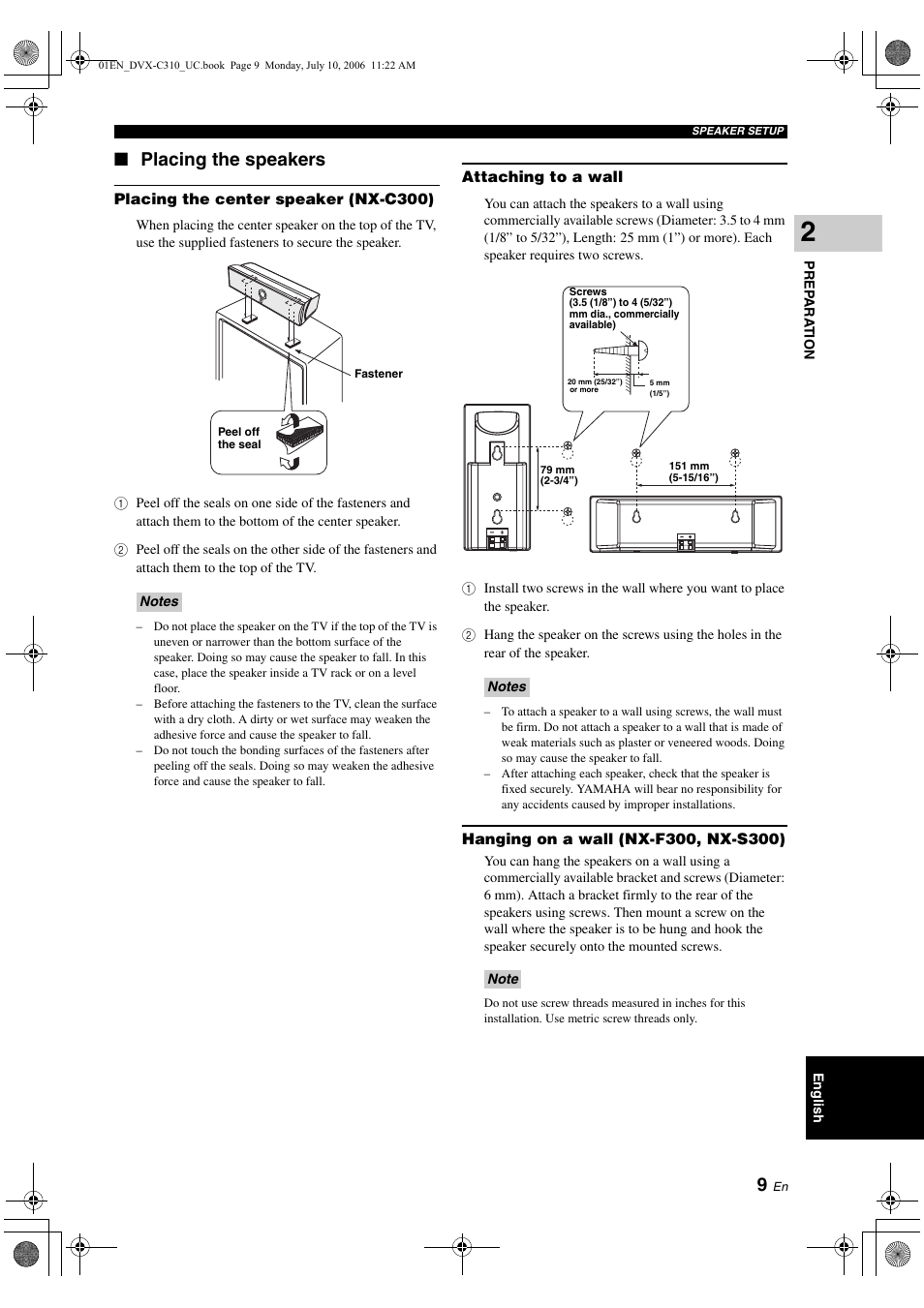 Placing the speakers, Placing the center speaker (nx-c300), Attaching to a wall | Hanging on a wall (nx-f300, nx-s300) | Yamaha DVX-C310SW User Manual | Page 13 / 60