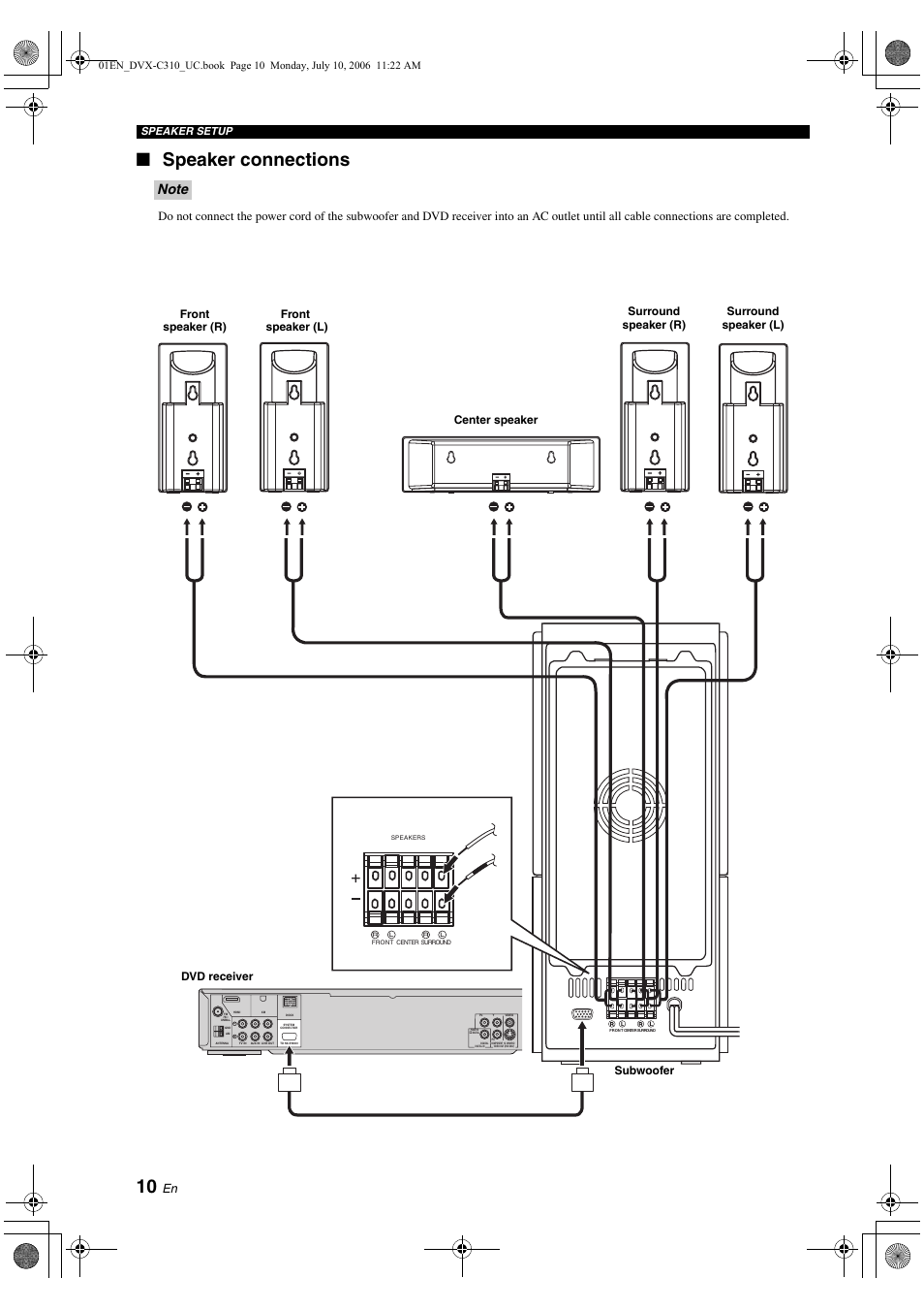 Speaker connections, Speaker setup | Yamaha DVX-C310SW User Manual | Page 14 / 60