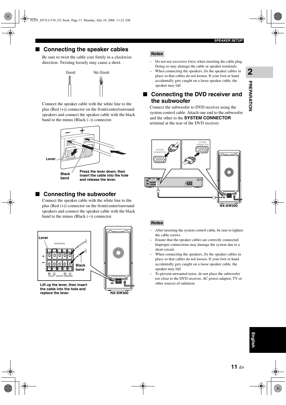 Connecting the speaker cables, Connecting the subwoofer, Connecting the dvd receiver and the subwoofer | The subwoofer | Yamaha DVX-C310SW User Manual | Page 15 / 60