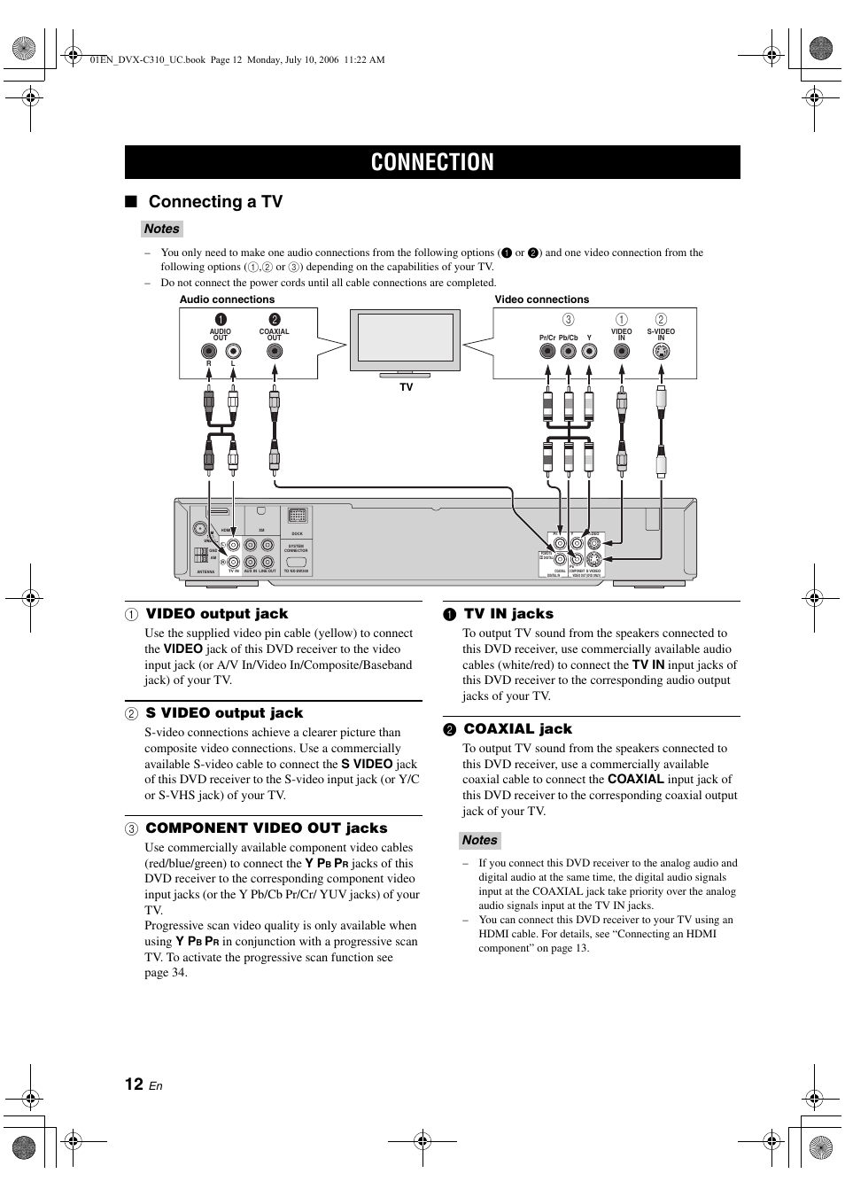 Connection, Connecting a tv, 1 video output jack | 2 s video output jack, 3 component video out jacks, 1 tv in jacks, 2 coaxial jack | Yamaha DVX-C310SW User Manual | Page 16 / 60