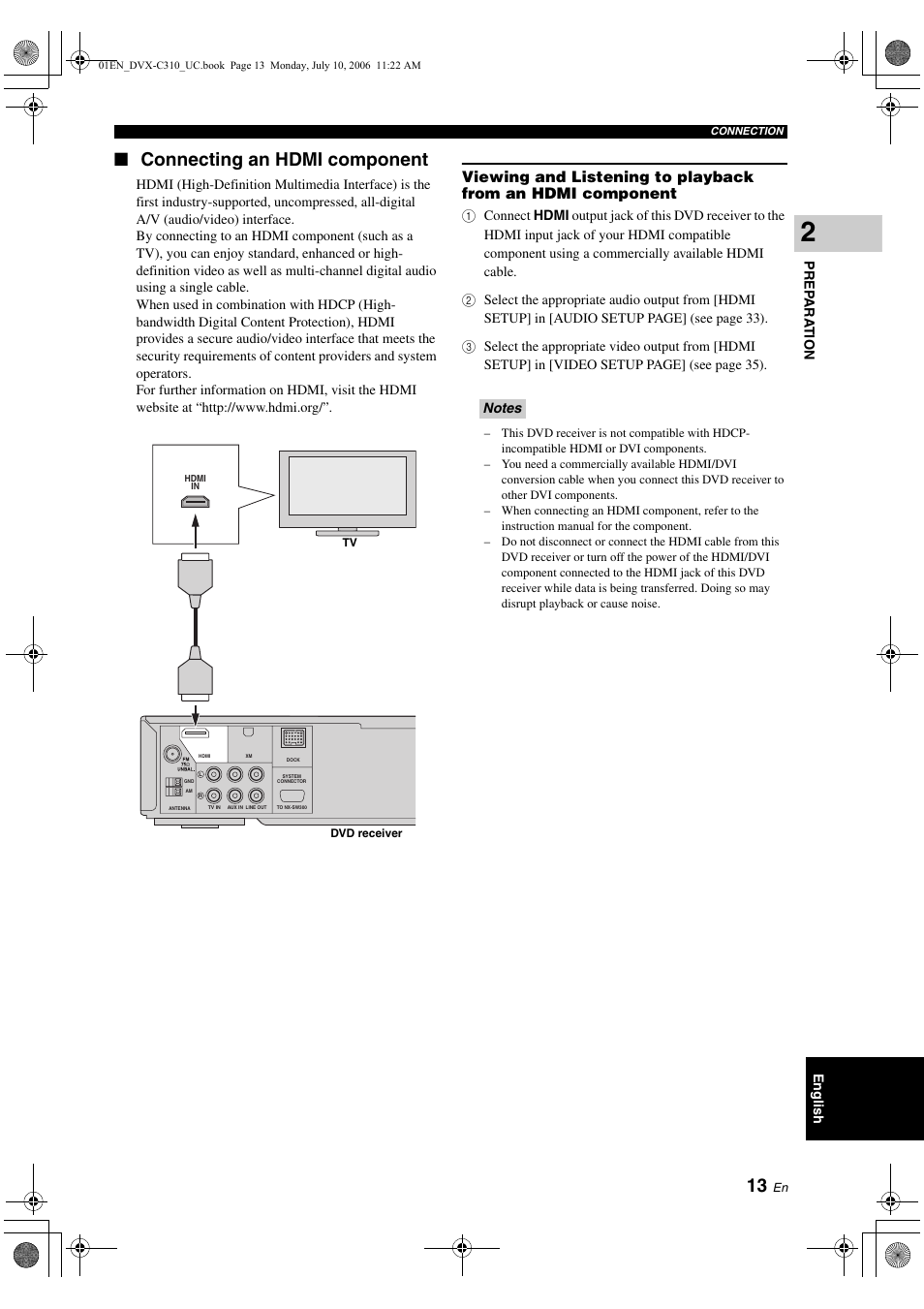 Connecting an hdmi component | Yamaha DVX-C310SW User Manual | Page 17 / 60