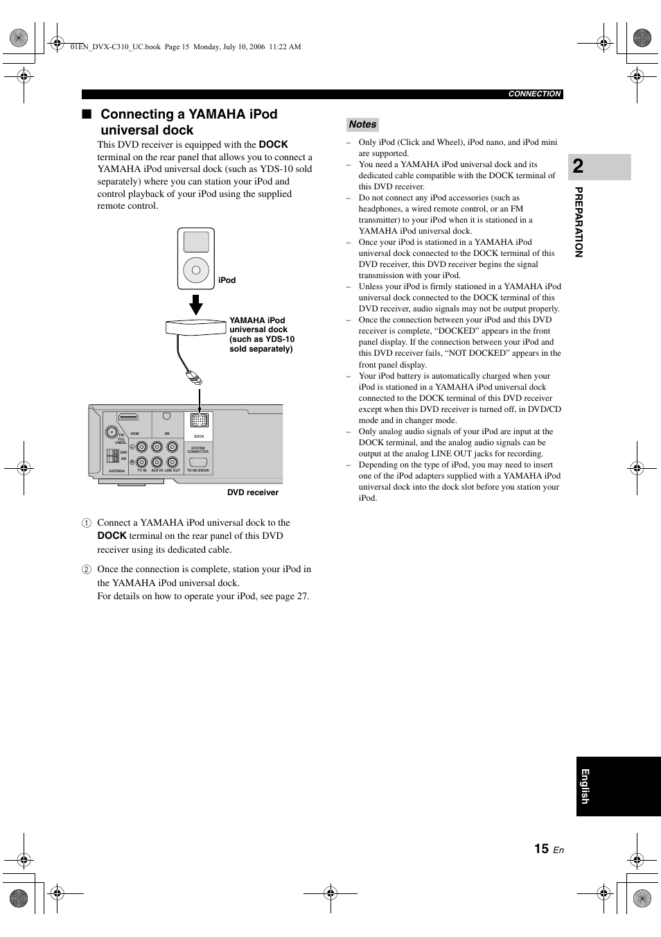 Connecting a yamaha ipod universal dock, Connecting a yamaha, Ipod universal dock | Yamaha DVX-C310SW User Manual | Page 19 / 60