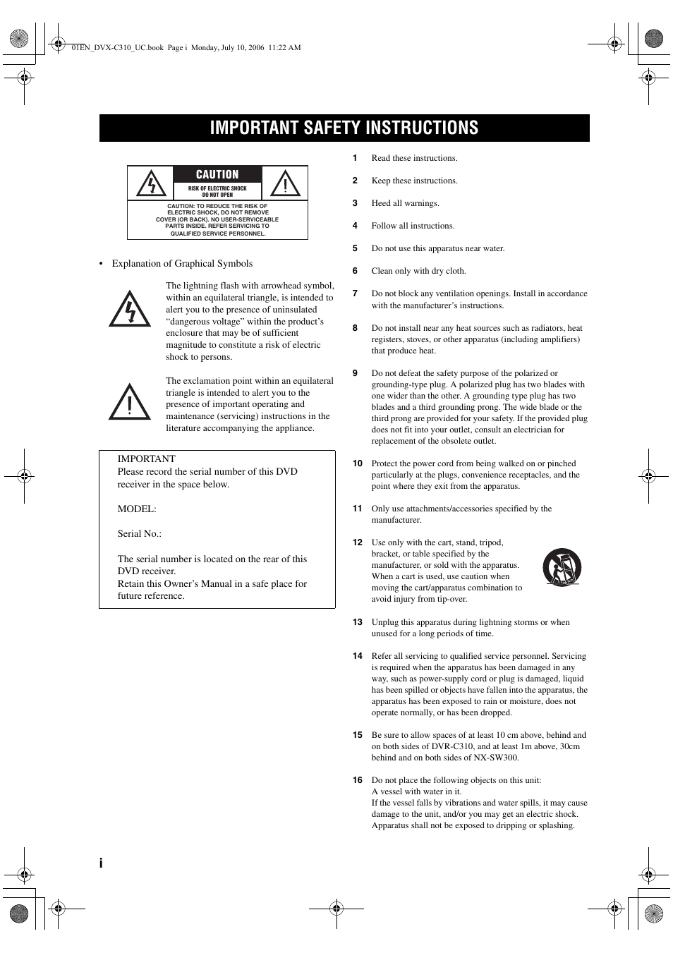 Important safety instructions, Caution | Yamaha DVX-C310SW User Manual | Page 2 / 60