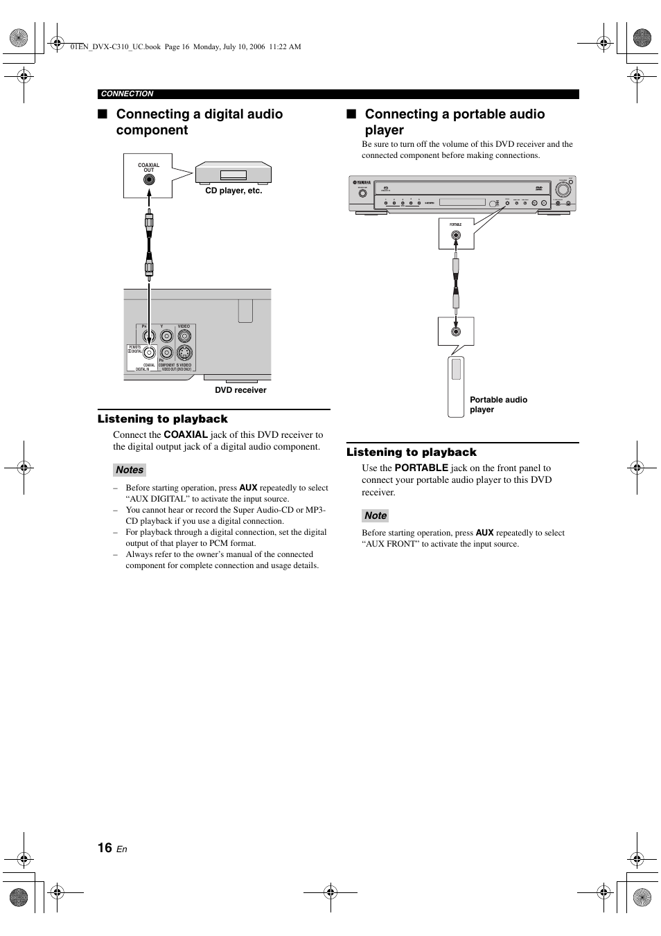 Connecting a digital audio component, Listening to playback, Connecting a portable audio player | Audio/video, Portable | Yamaha DVX-C310SW User Manual | Page 20 / 60