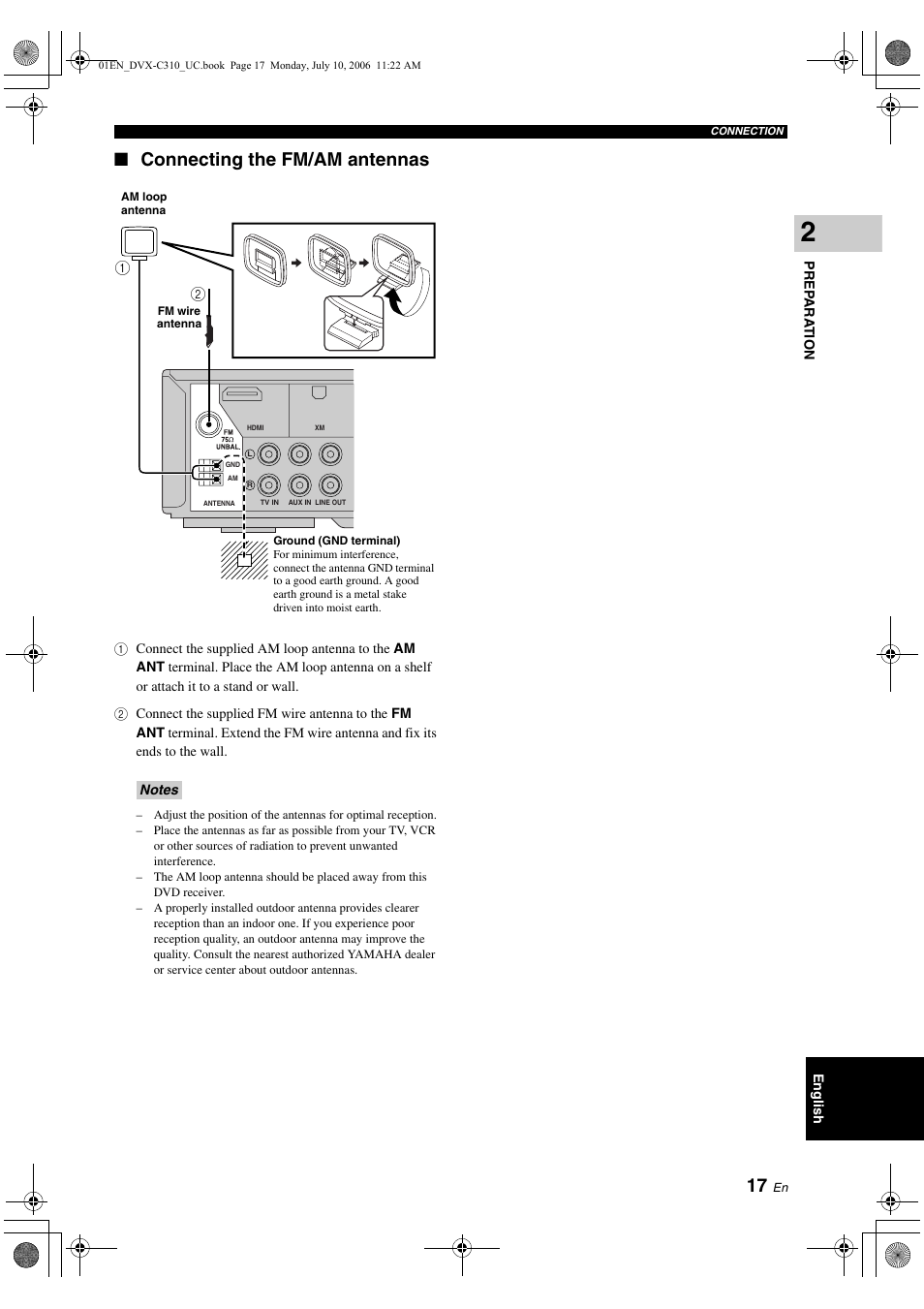 Connecting the fm/am antennas | Yamaha DVX-C310SW User Manual | Page 21 / 60