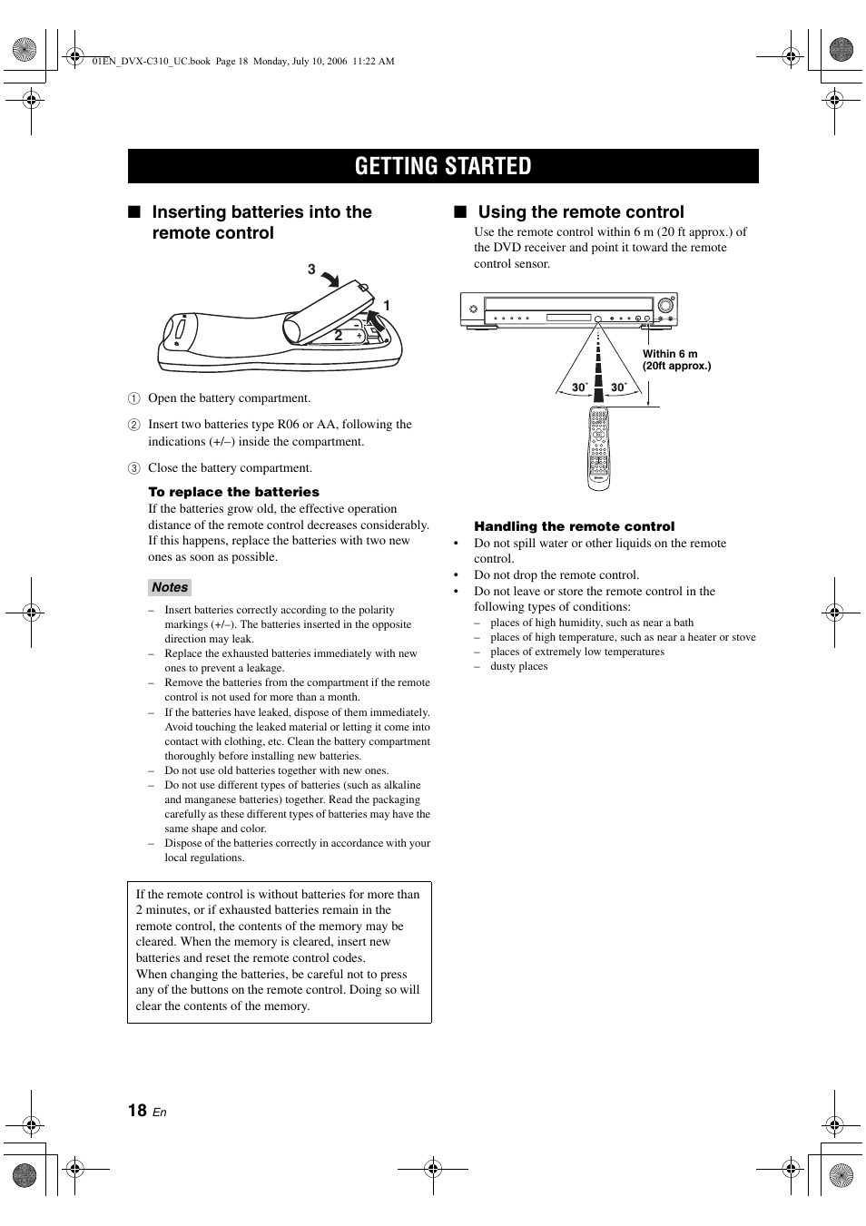 Getting started, Inserting batteries into the remote control, Using the remote control | Yamaha DVX-C310SW User Manual | Page 22 / 60