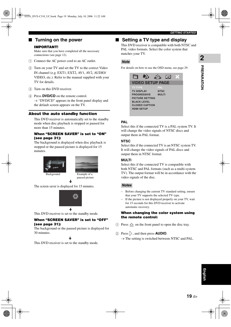 Turning on the power, About the auto standby function, Setting a tv type and display | Yamaha DVX-C310SW User Manual | Page 23 / 60