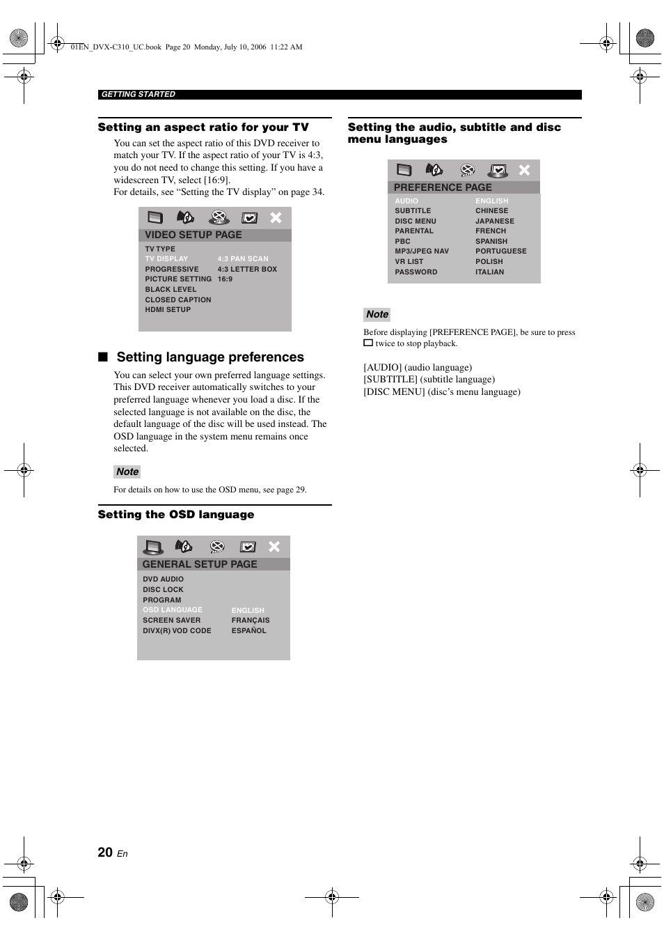 Setting an aspect ratio for your tv, Setting language preferences, Setting the osd language | Yamaha DVX-C310SW User Manual | Page 24 / 60