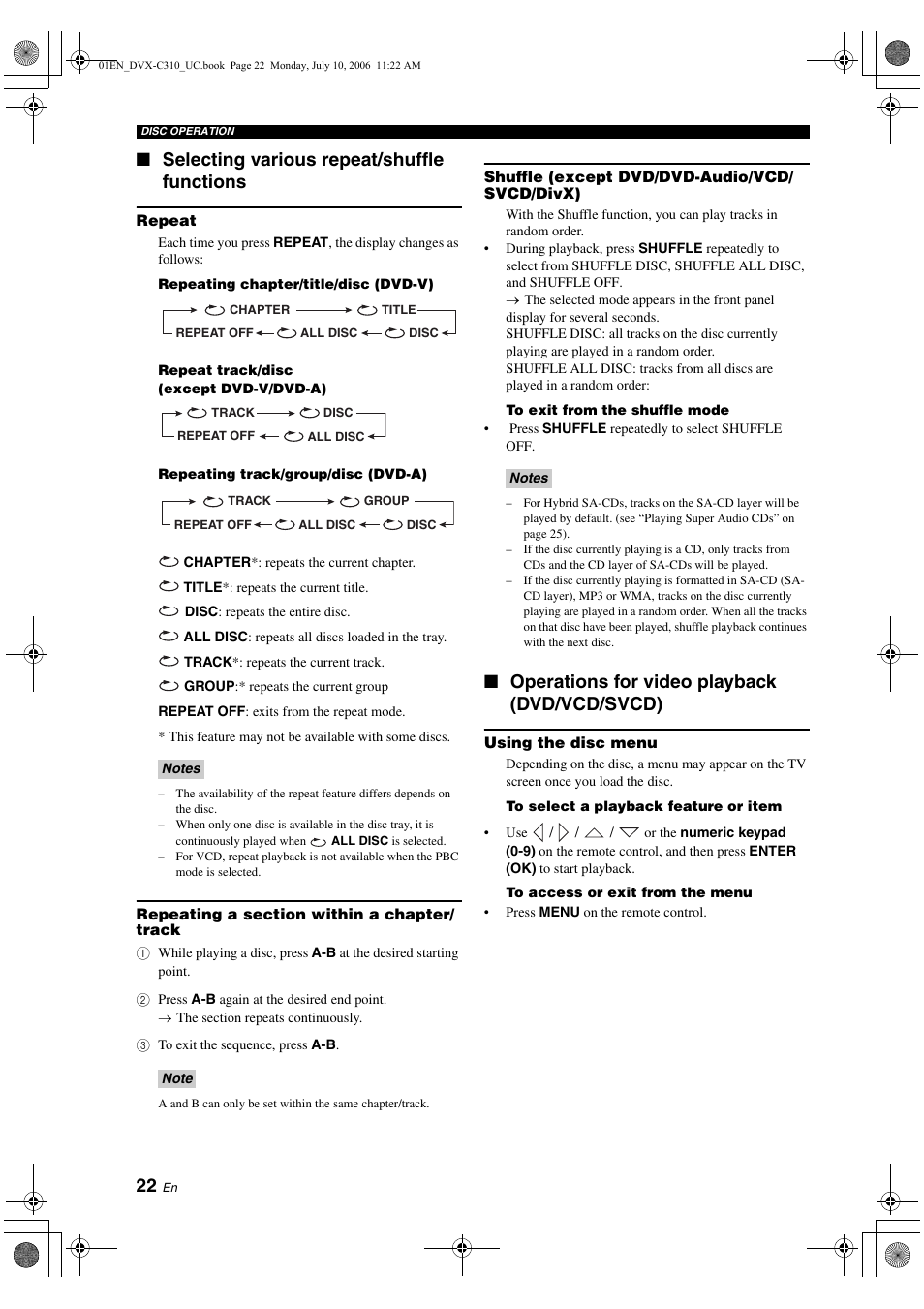 Selecting various repeat/shuffle functions, Repeat, Repeating a section within a chapter/ track | Shuffle (except dvd/dvd-audio/vcd/ svcd/divx), Operations for video playback (dvd/vcd/svcd), Using the disc menu, Dvd/vcd/svcd) | Yamaha DVX-C310SW User Manual | Page 26 / 60