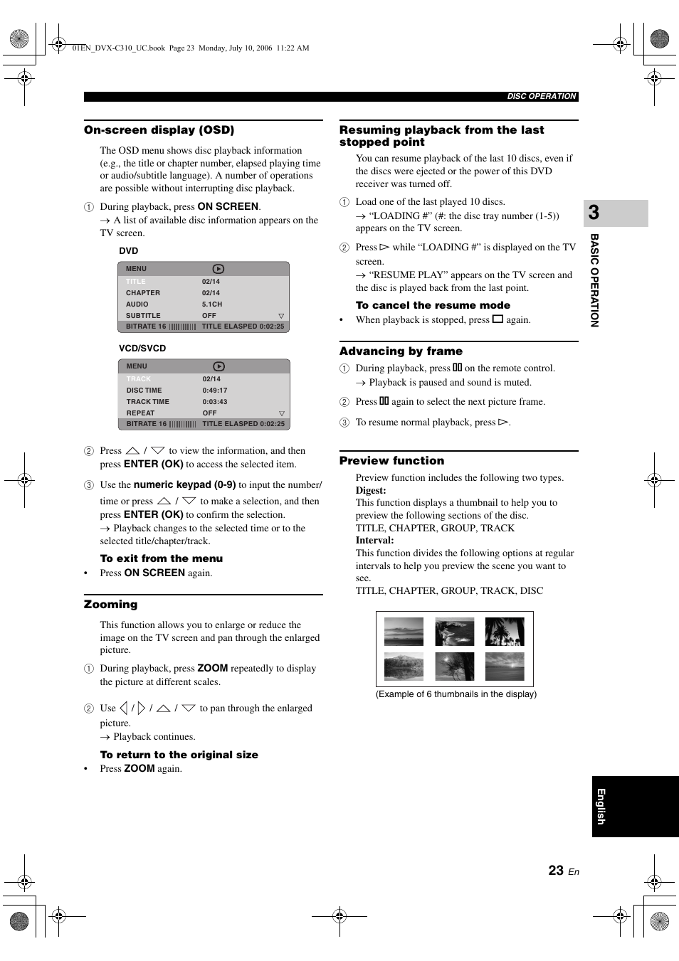 On-screen display (osd), Zooming, Resuming playback from the last stopped point | Advancing by frame, Preview function | Yamaha DVX-C310SW User Manual | Page 27 / 60