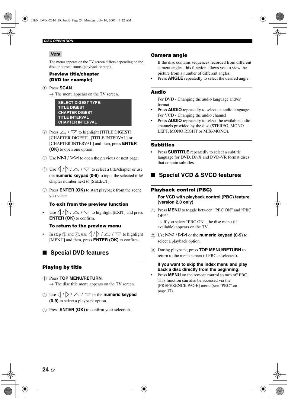 Special dvd features, Playing by title, Camera angle | Audio, Subtitles, Special vcd & svcd features, Playback control (pbc), Special dvd features special vcd & svcd features | Yamaha DVX-C310SW User Manual | Page 28 / 60