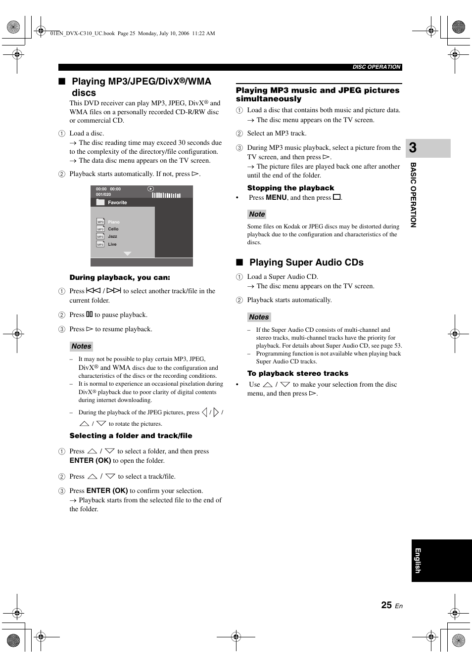 Playing mp3/jpeg/divx®/wma discs, Playing mp3 music and jpeg pictures simultaneously, Playing super audio cds | Playing mp3/jpeg/divx, Wma discs | Yamaha DVX-C310SW User Manual | Page 29 / 60